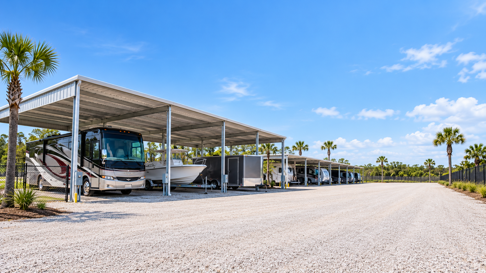 Covered RV, boat and trailer storage